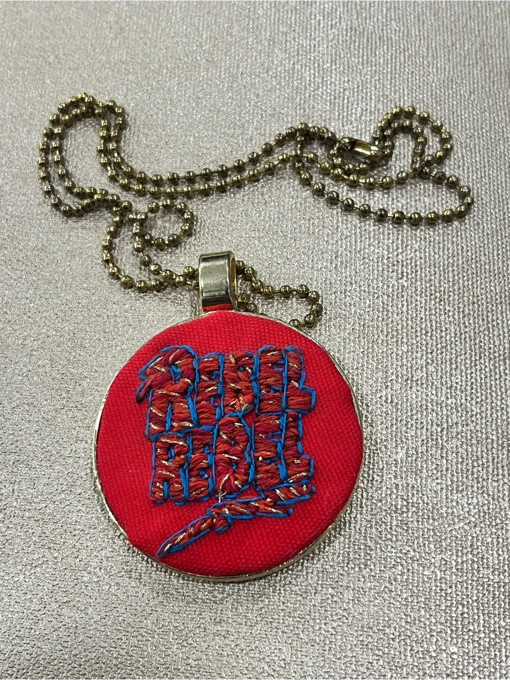 David Bowie Rebel Rebel hand embroidered thread paint pendant necklace